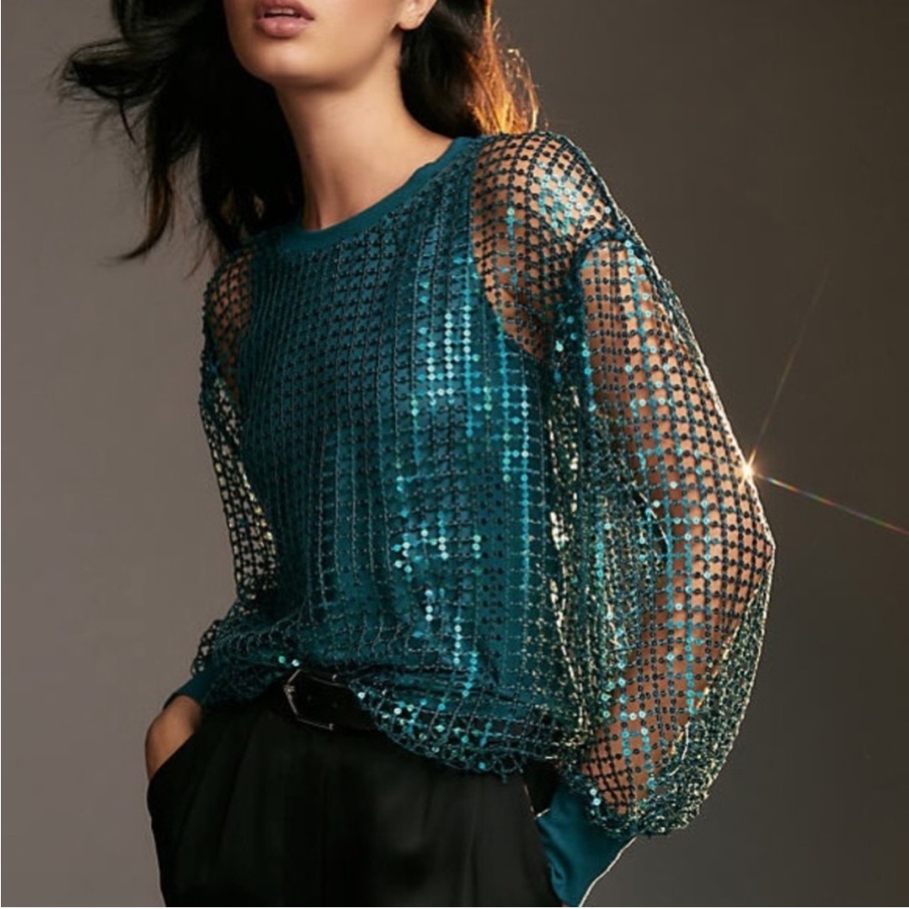 Pilcro Teal Mesh Sequin Top